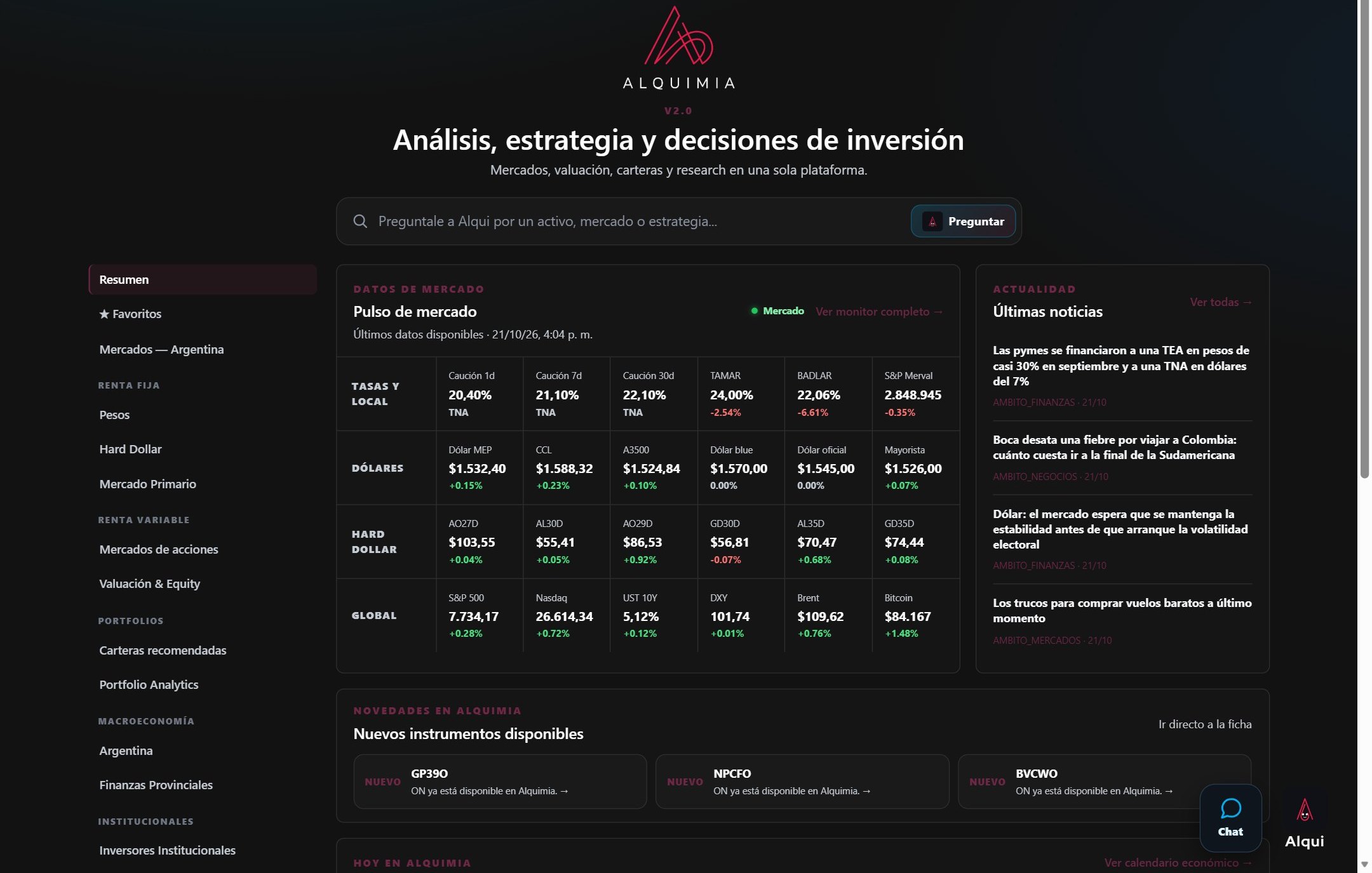 Pantalla real del inicio de Alquimia con el pulso de mercado, noticias y el buscador de Alqui